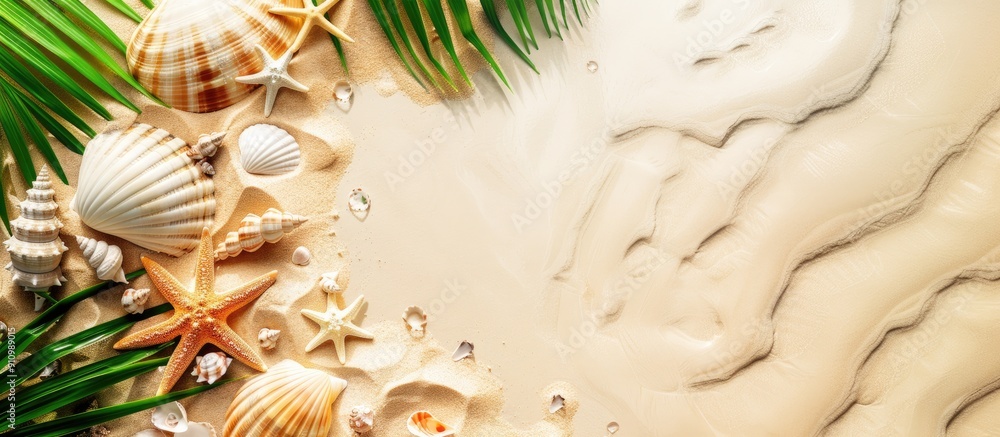 Poster Summer beach with sea shells starfish and palm creating a tranquil scene on a sand background to enhance the copy space image