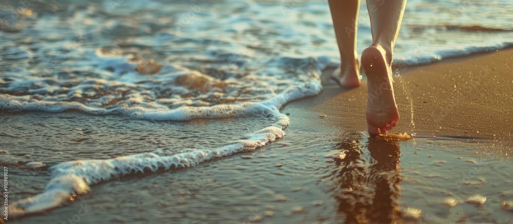 Aufkleber Closeup image of a woman walking on a sandy beach near the sea with a clear area for adding text copy space image