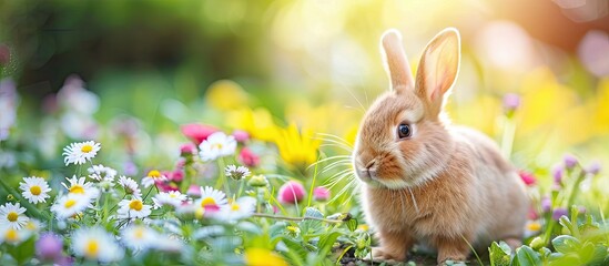 A Netherland dwarf rabbit is happily exploring a flowerbed in the park with a serene background for copy space image