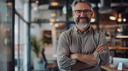 Obraz premium A man with glasses is smiling and standing in front of a window