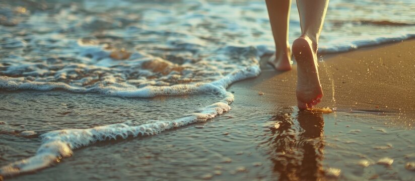 Closeup image of a woman walking on a sandy beach near the sea with a clear area for adding text copy space image - Powered by Adobe