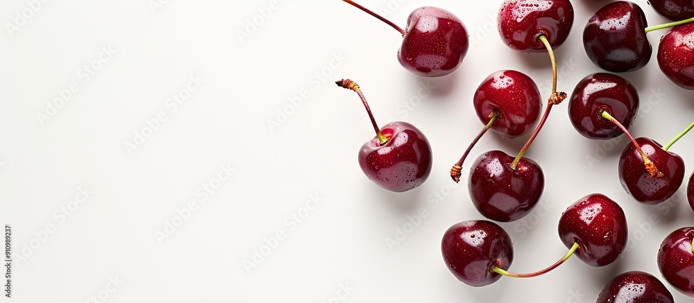 Poster top view of sweet juicy cherries against a white background with ample copy space image
