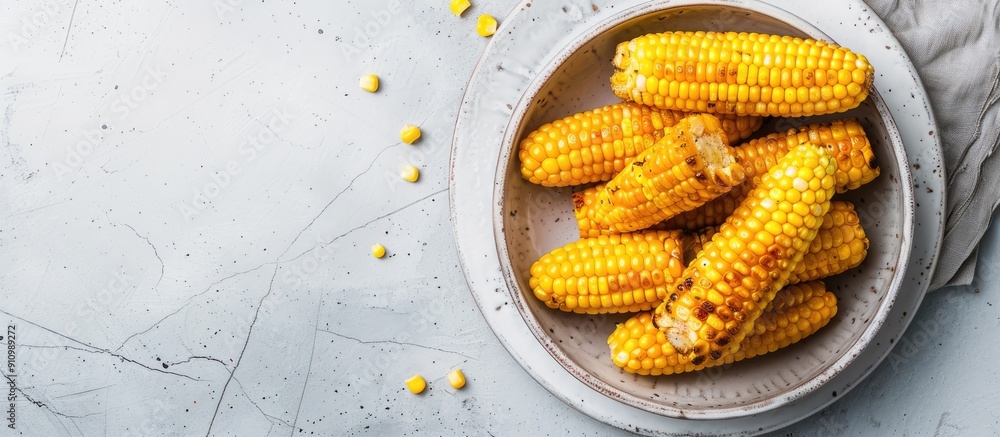 Poster grilled corn cobs in a bowl on a white tile table perfect for your copy space image