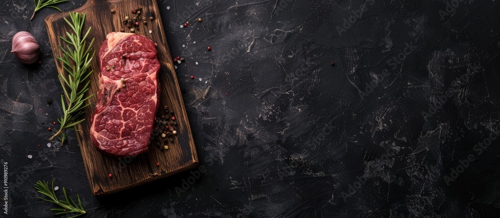 Poster Marbled beef seasoned on a wooden board over a dark slate or concrete surface shot from above with a space for text in the image. copy space available