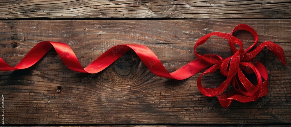 Poster A section of red ribbon on a wooden table creating a festive Christmas background with copy space image