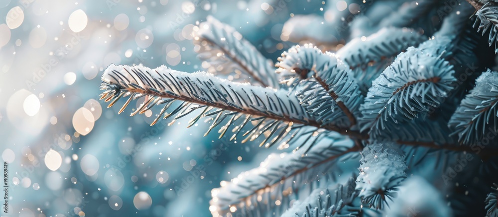 Poster Close up of snow covered coniferous branches creating a winter Christmas abstract background with copy space image