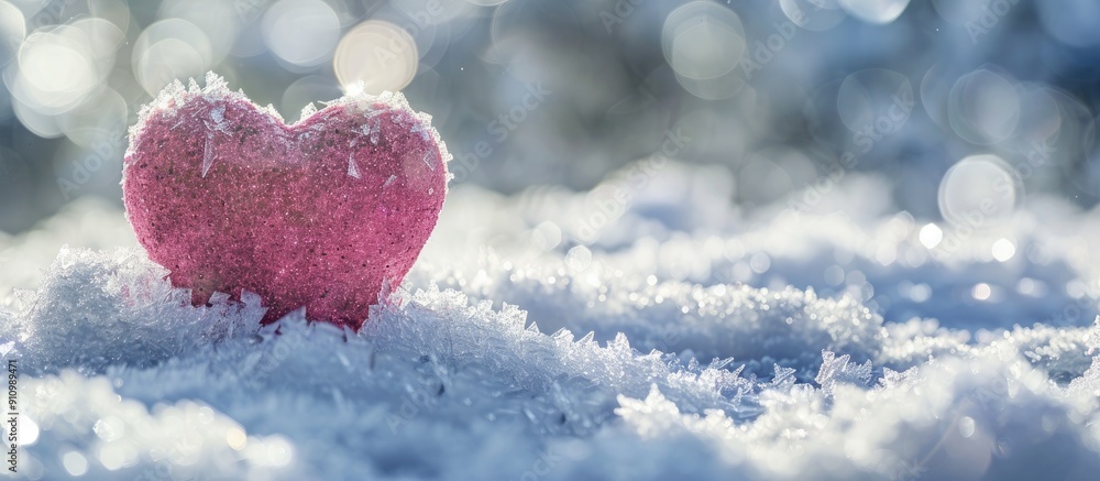 Poster valentine s day love concept depicted with a pink heart framing a snowy backdrop in a copy space ima