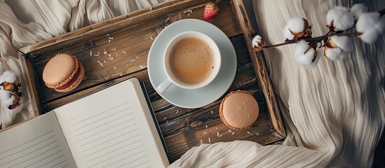 Cozy breakfast setting on a rustic wooden tray in bed with a cup of coffee cotton flower macaroon and an open notebook creating a serene ambiance with a copy space image