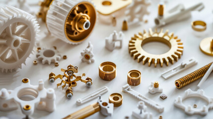 A collection of white and gold mechanical components artistically arranged on a flat surface, emphasizing their intricate engineering and design.