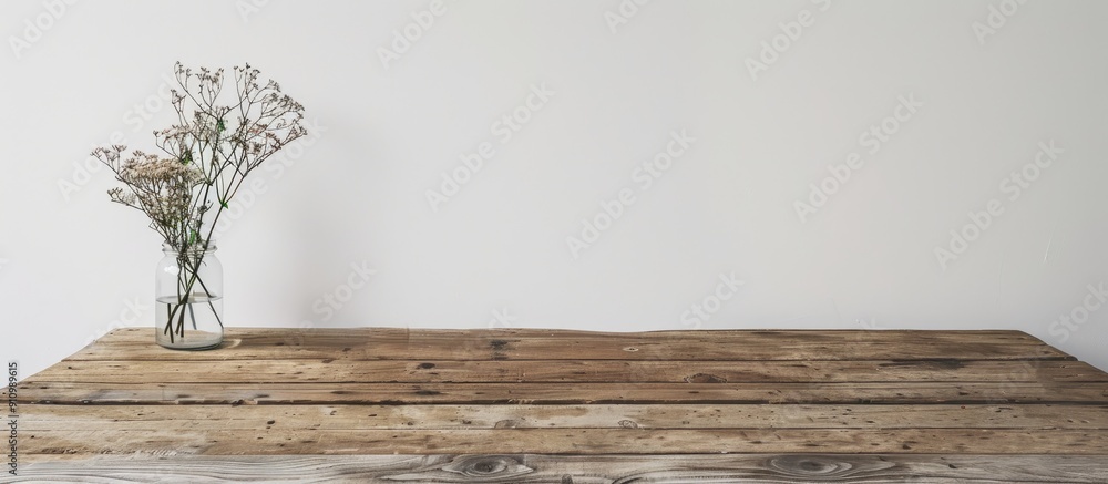 Poster a wooden table resting against a white wall creates a simple and elegant backdrop for any object wit