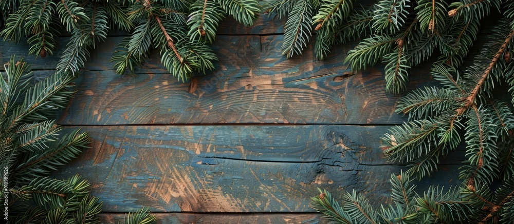 Poster a festive christmas backdrop featuring spruce branches against a rustic wooden surface with copy spa