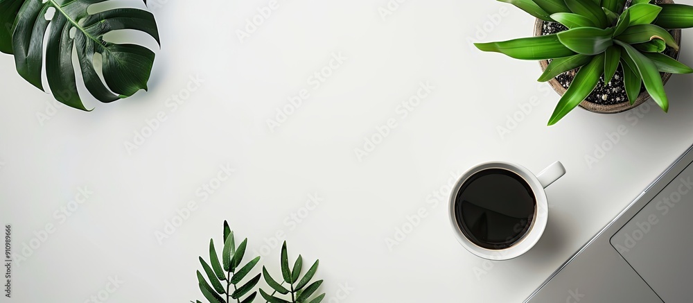 Poster top view of a slender gray laptop a white espresso cup and a green plant in a flowerpot on a white b