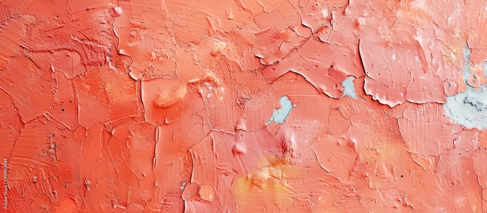 Poster Create an artistic copy space image by cropping a salmon colored paint section from a textured wall