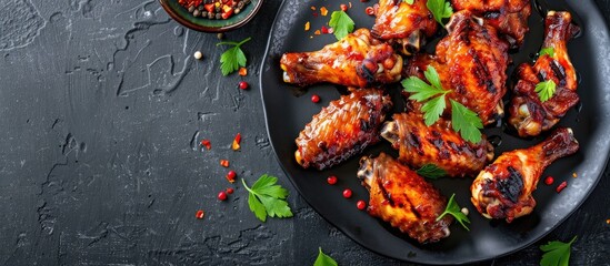 Plate of grilled chicken wings with spices on a stone background ideal for adding text with copy space image