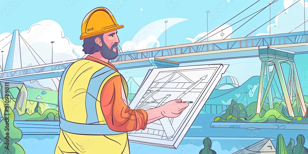 Poster worker with blueprints by a bridge.