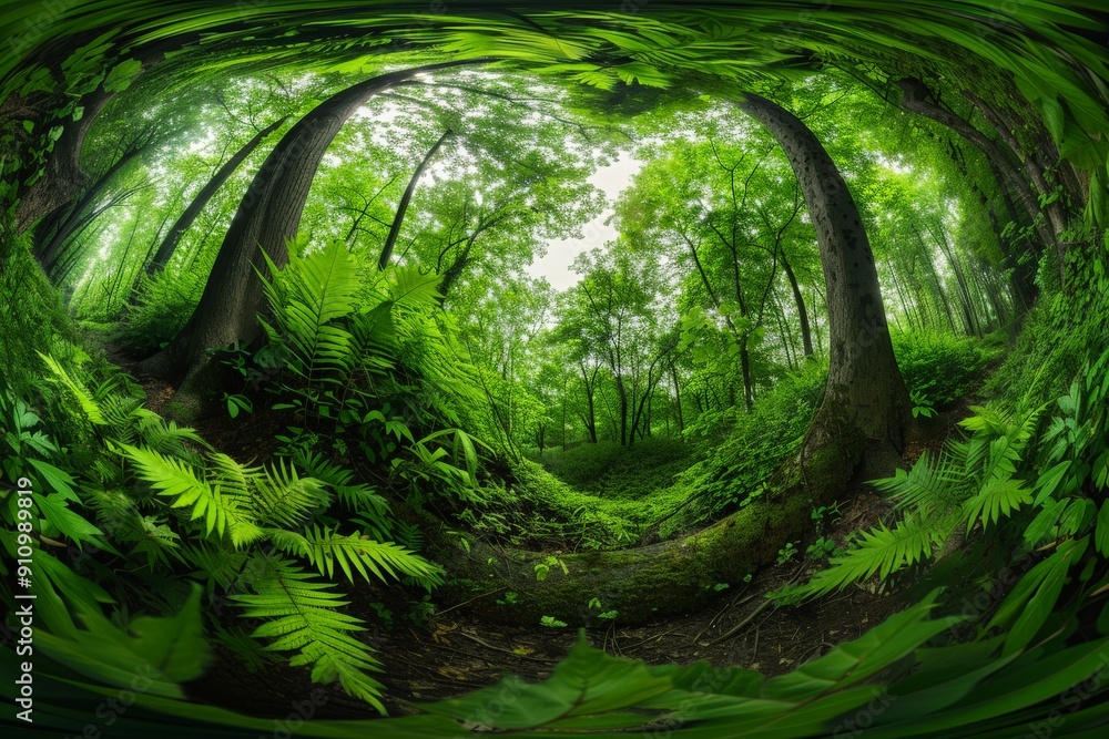 Poster a lush and verdant green forest landscape featuring tall trees and dense foliage, creating a serene 