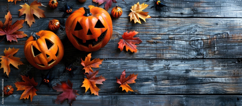 Poster a flat lay image of halloween pumpkins autumn leaves on a wooden table with space for text. copy spa