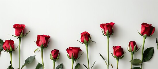 Red roses on a white background with room for text in the image. copy space available
