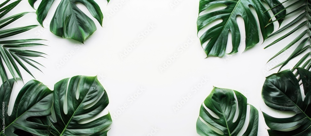Poster leaves of exotic palm trees and monstera plant on white backdrop with copy space image