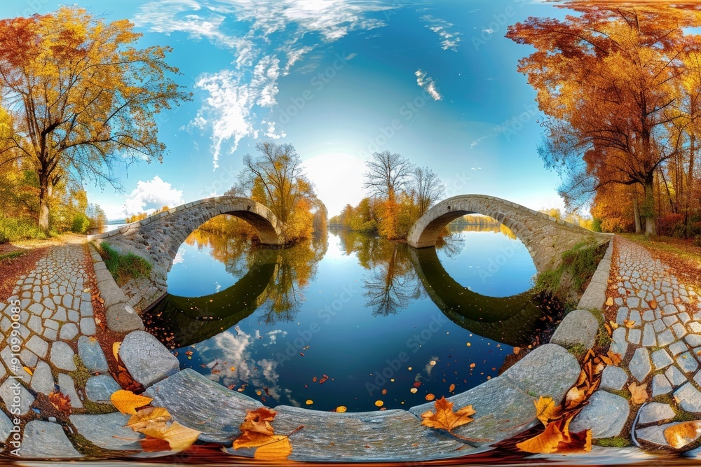 Poster this stunning image showcases a calm river reflecting a stone bridge with autumnal foliage, creating