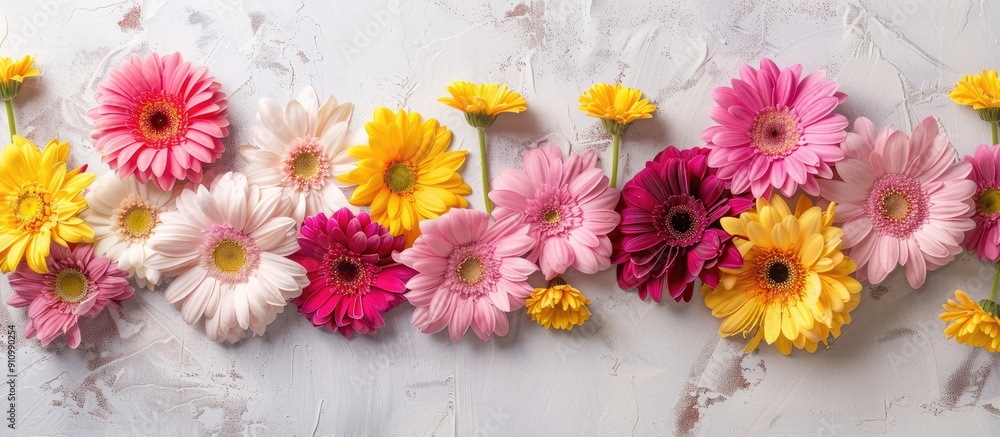 Poster a border row of pink and yellow gerbera daisies on a grey and white backdrop with a blank space for 