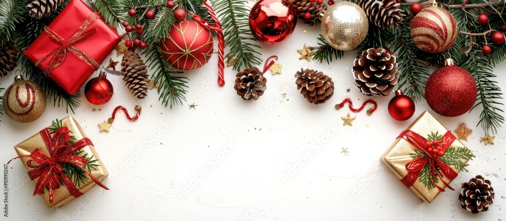 Poster Festive red and gold glass ornaments fir tree branches decorations and gifts elegantly displayed on a white background creating a frame for your well wishes with copy space image