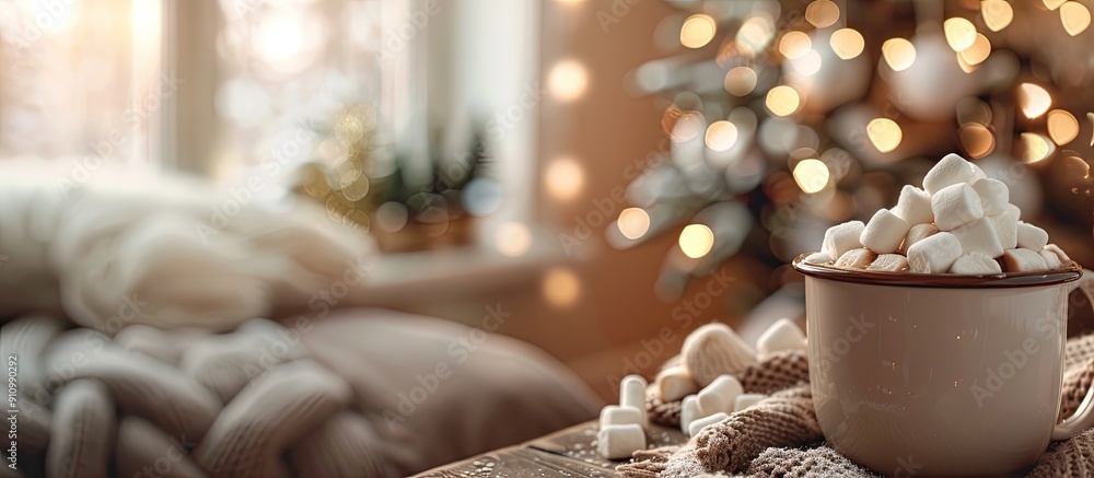 Poster Christmas loft composition featuring a hot beverage with marshmallows on a background styled like a loft perfect for a copy space image