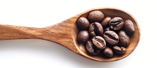 Coffee beans displayed on a wooden spoon against a white background with room for copy space image