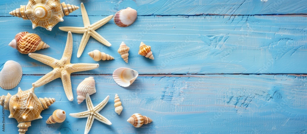 Aufkleber copy space image of starfish and shells neatly arranged on a blue wooden surface