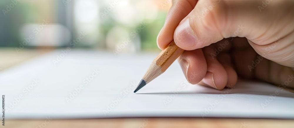Poster close up of a hand with a mechanical pencil pointed at a white paper with blurred background providi
