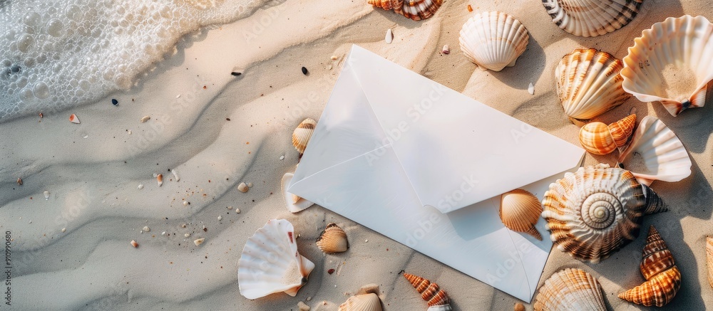 Poster Seashells on sandy beach background with white envelope for text on copy space image