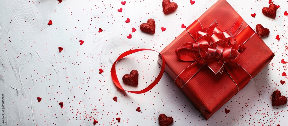 Poster a red gift box adorned with a matching ribbon and bow set on a white background embellished with red