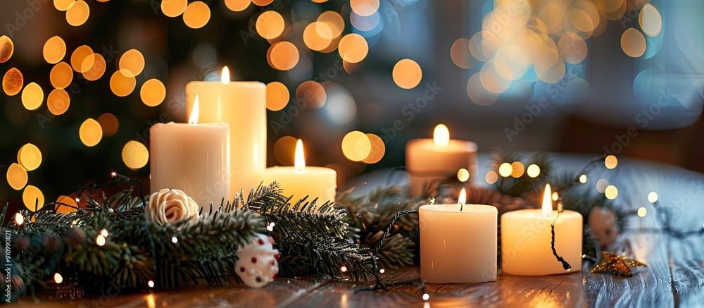 Poster A festive scene on a table adorned with white candles fir branches and a glowing garland Perfect for Christmas and New Year celebrations Includes copy space image