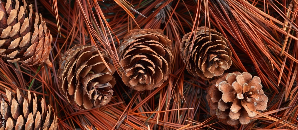 Poster Pinecones resting on a bed of pine needles creating a natural backdrop for a copy space image