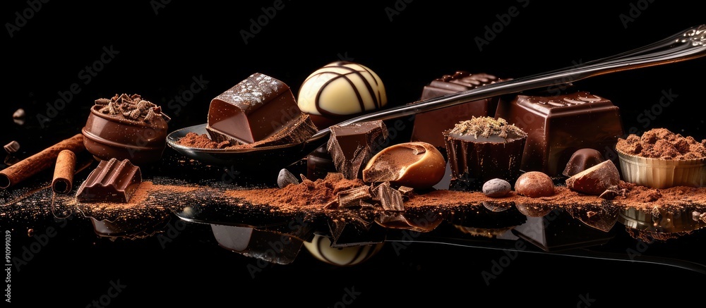 Aufkleber Various chocolate candies and broken pieces along with a spoon dusted in cocoa powder arranged on a black reflective surface presenting a striking copy space image