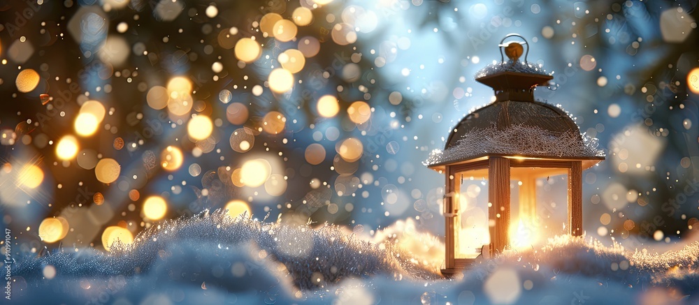Aufkleber Wooden Christmas lantern and snow create a picturesque scene with copy space image and bokeh effect