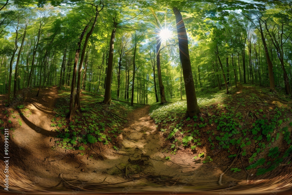 Poster a mesmerizing forest trail bathed in sunlight filtering through the tall trees, with lush green foli