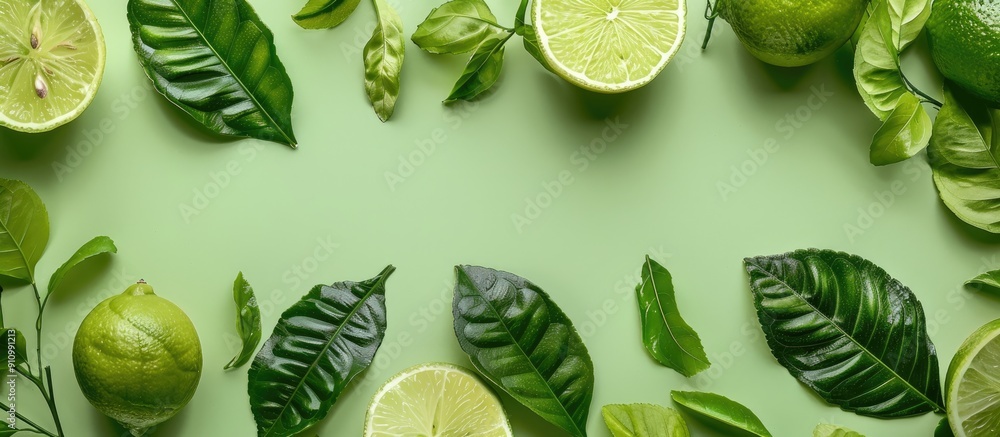 Aufkleber Trendy summer and spring arrangement of fresh lime leaves on a stylish green backdrop with ample space for adding text or images