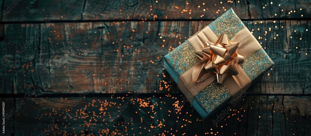 Poster Gift box filled with sparkly items placed on an old wooden surface with ample copy space image