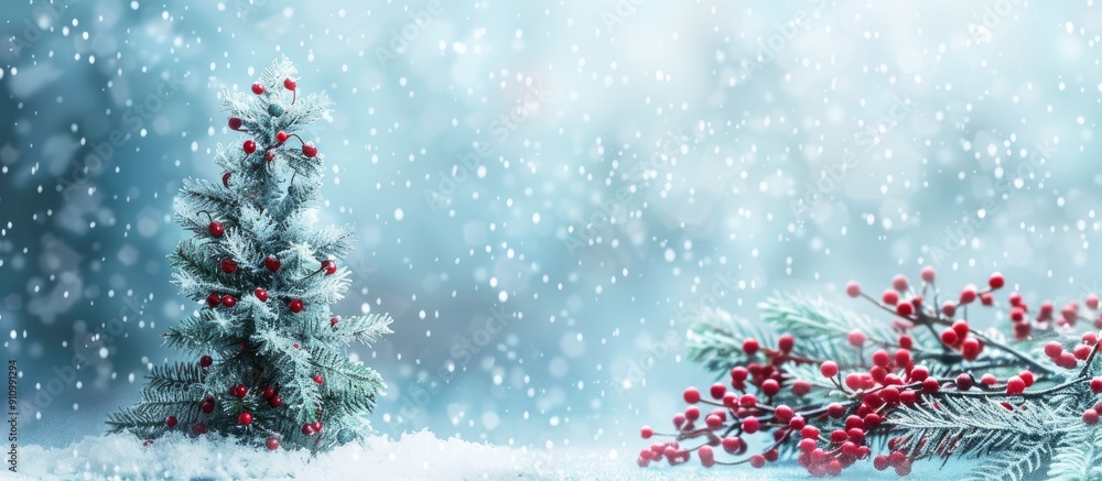 Poster Winter holiday theme with a Christmas tree red berries and snow effect on a background perfect for Happy New Year greetings and text placement in the copy space image