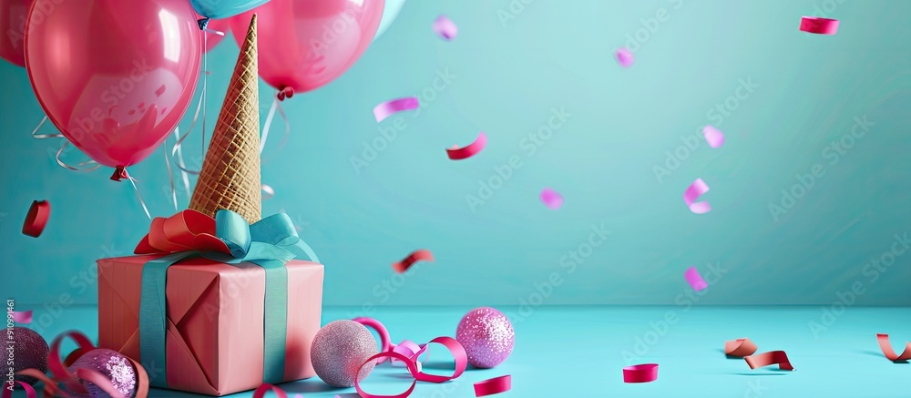 Aufkleber gift box cone and balloons on a bright background with copy space image