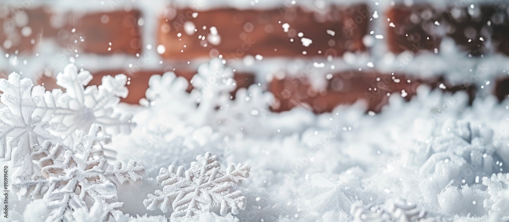 Poster snowflakes on a white background with a blurred brick wall in the background provide ample copy spac