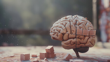 Brain assembly with scattered building blocks around, symbolizing cerebral challenges and construction.