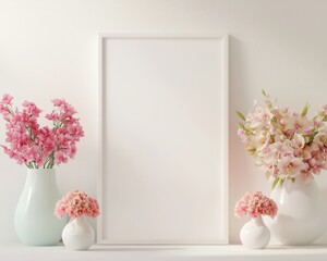 A 3D render of a minimalist room with a blank central space for text, framed by vibrant, colorful flowers in modern vases, creating a fresh, clean atmosphere