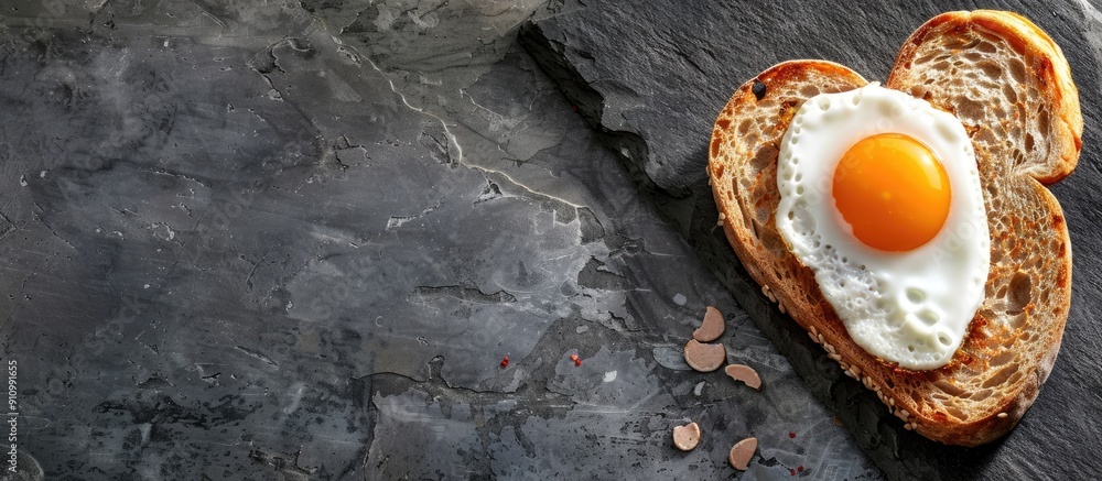 Poster Heart shaped toast with a fried egg on a vintage slate background ideal for presenting cooking or health themes featuring a copy space image from a top down perspective
