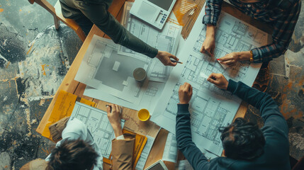 An overhead shot of professionals engaged in a detailed discussion, examining blueprints and plans on a wooden table.