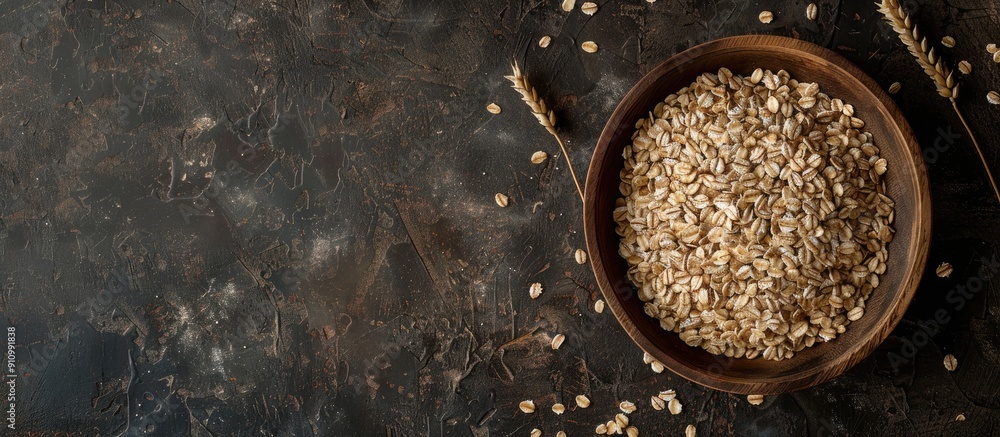 Poster wooden plate with oat groats or oat spike on aged backdrop top view with selective focus providing r