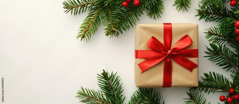 Aufkleber A present wrapped in craft paper with a red ribbon sits on a white background with Christmas tree branches ideal for a festive copy space image