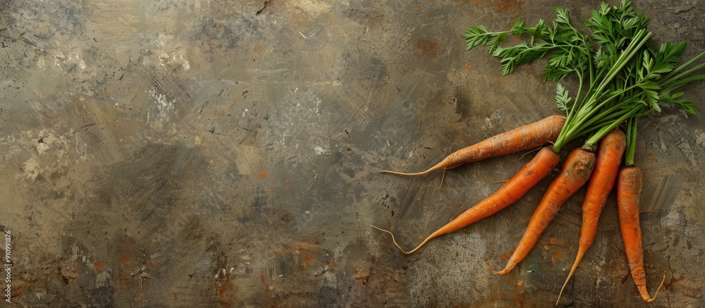 Poster A rustic picture featuring fresh carrots on a textured background includes copy space image