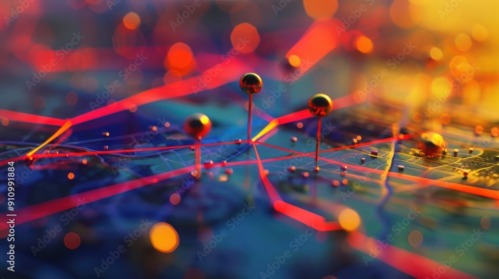 Poster Abstract Map with Pins and Red Lines